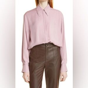 Vince RELAXED LONG SLEEVE SILK BLEND BUTTON-UP BLOUSE IN LILAC STONE Sz L‎